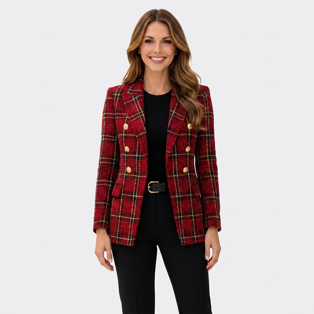 Plaid Double Breasted Blazer Women