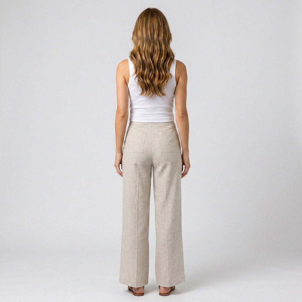 Women Beige Wide Leg Linen Pants