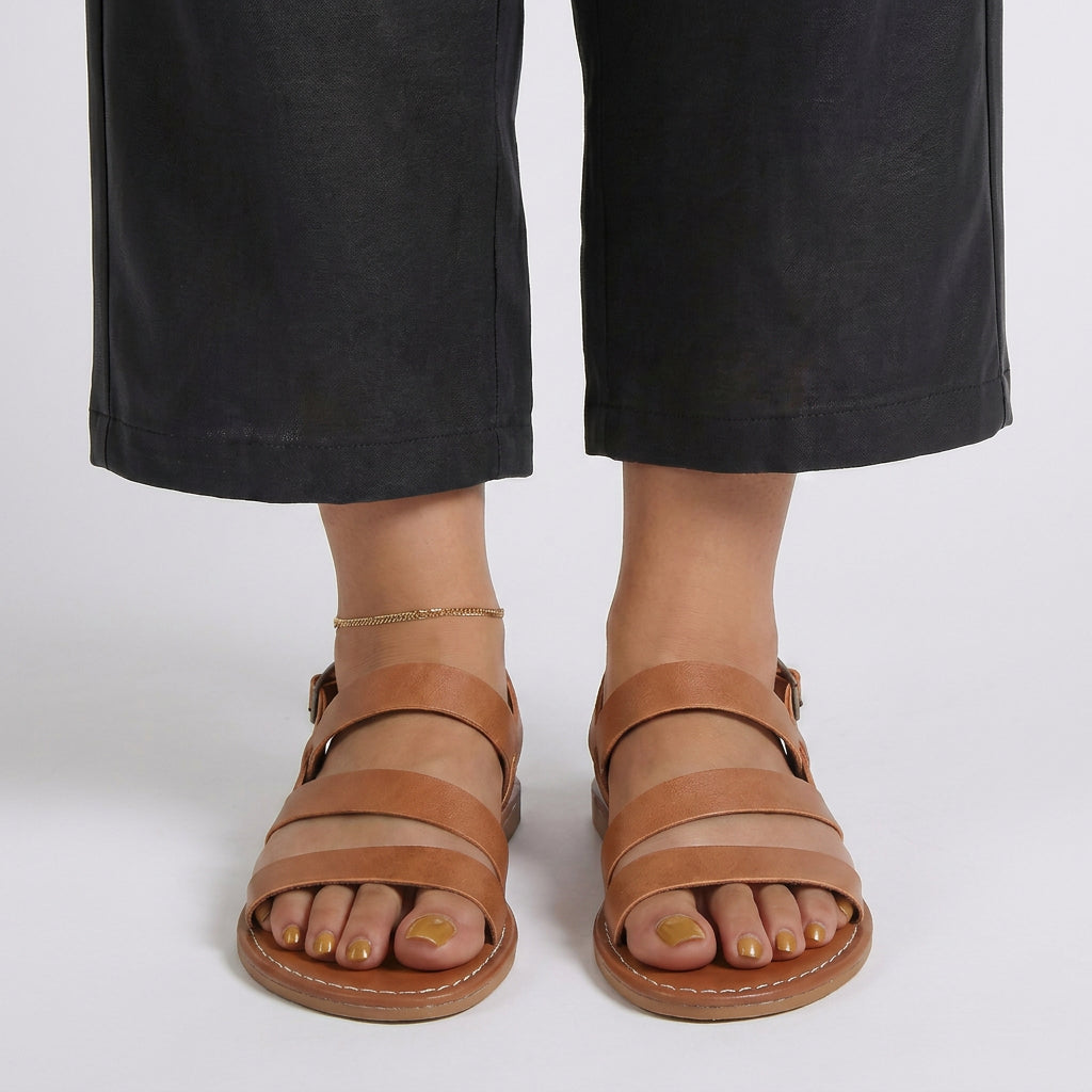 Women’s Flat Multi Strap Sandals Buckle Closure – Casual Everyday Sandals