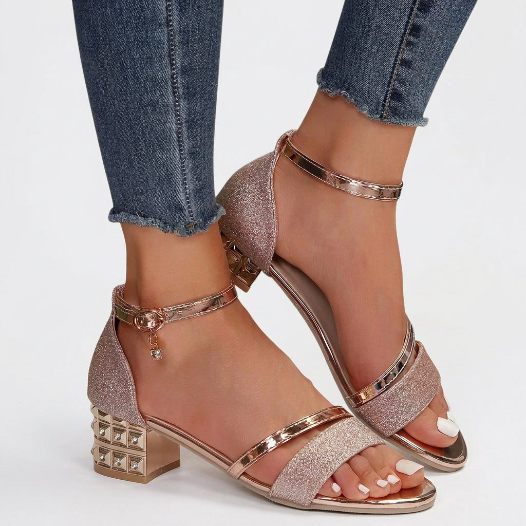 Women’s Ankle Strap Sandals Metallic Detail – Low Block Heel Occasion Sandals