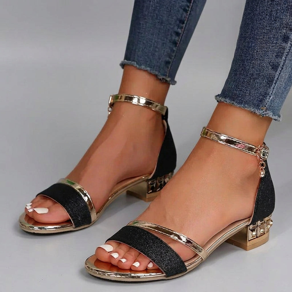 Women’s Ankle Strap Sandals Metallic Detail – Low Block Heel Occasion Sandals