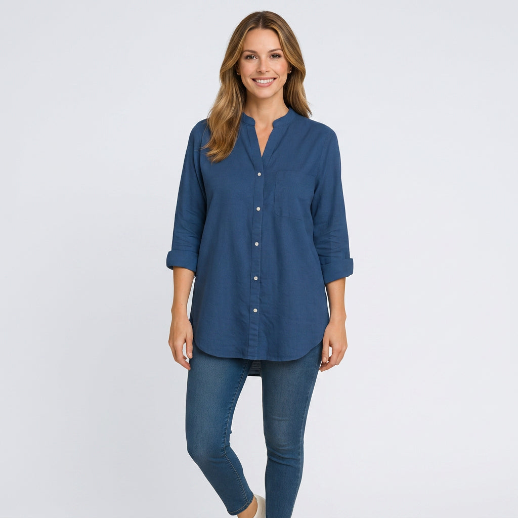 Button Front Stand Collar Blouse Women