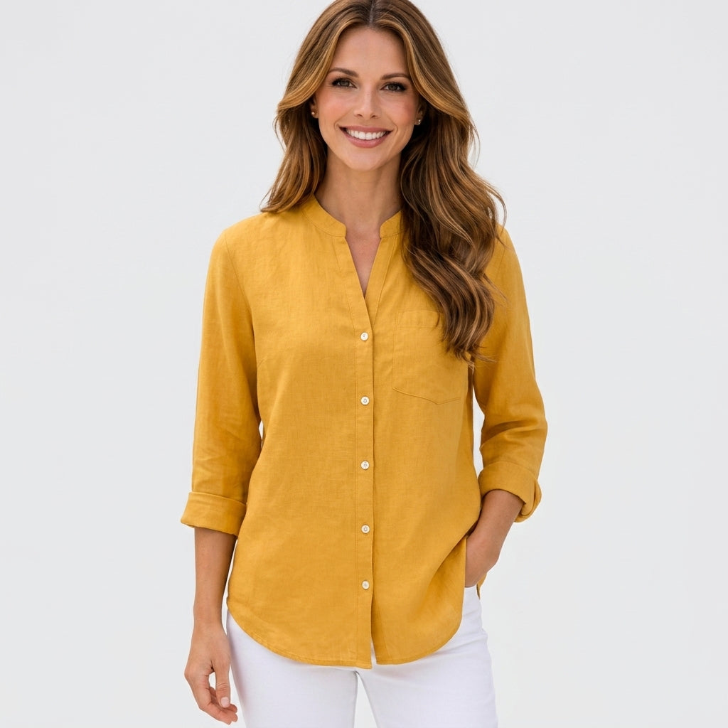 Button Front Stand Collar Blouse Women