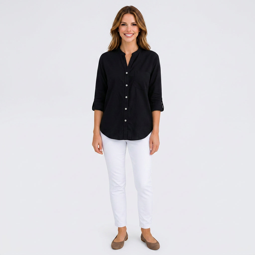 Button Front Stand Collar Blouse Women