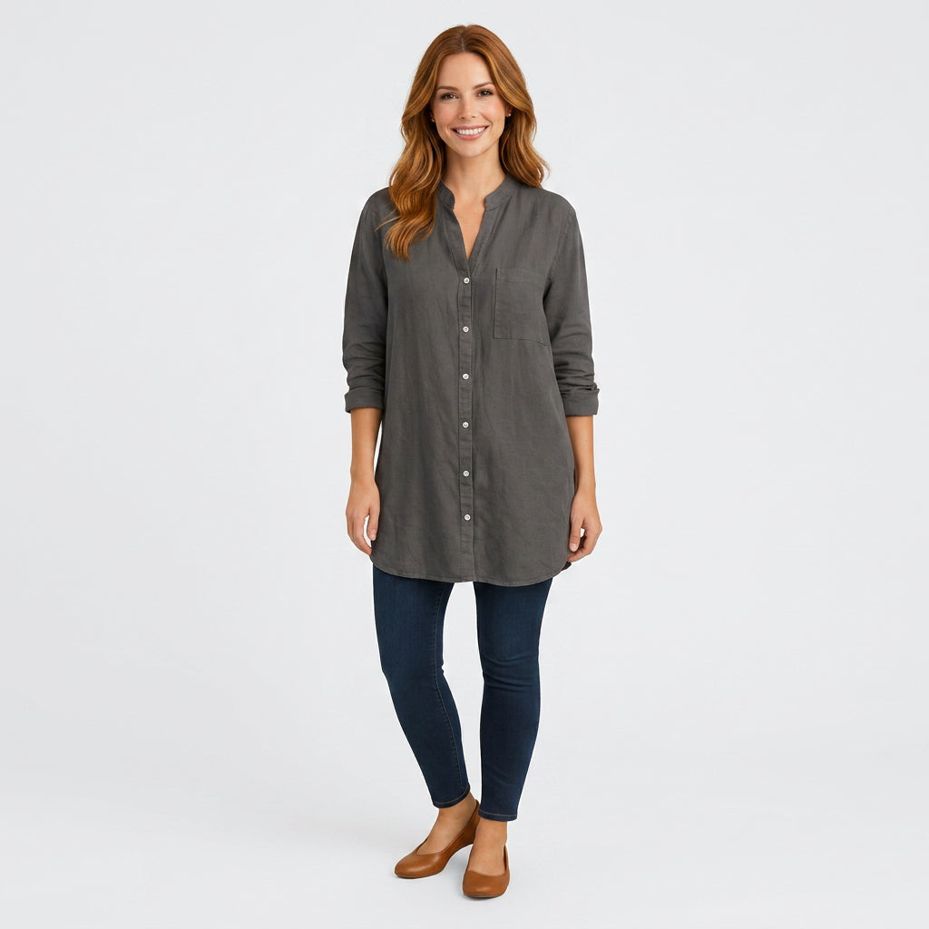 Button Front Stand Collar Blouse Women
