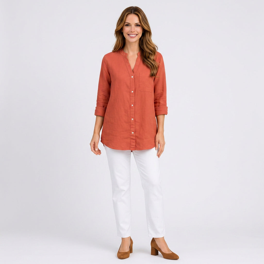 Button Front Stand Collar Blouse Women