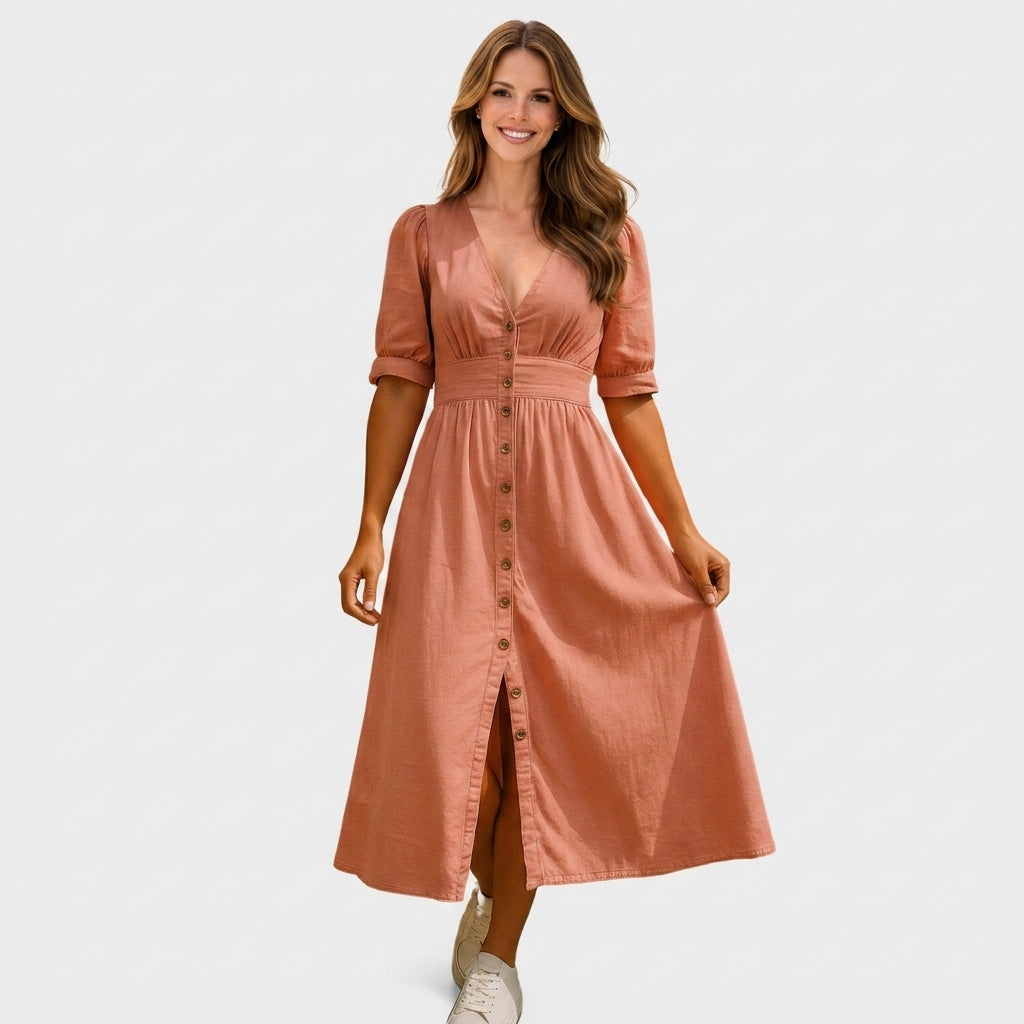 Button Front Denim Midi Dress Women