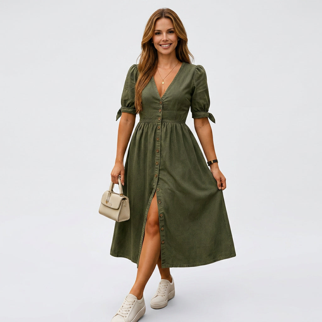 Button Front Denim Midi Dress Women