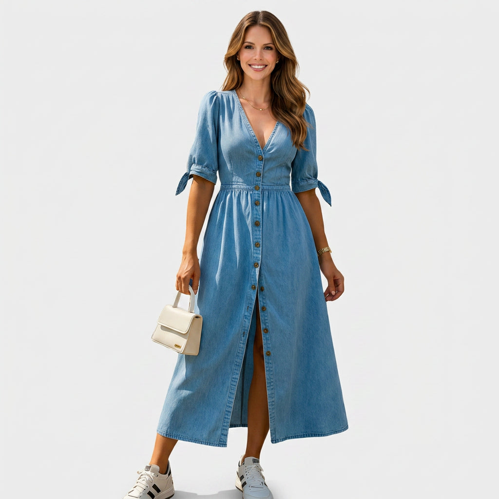 Button Front Denim Midi Dress Women