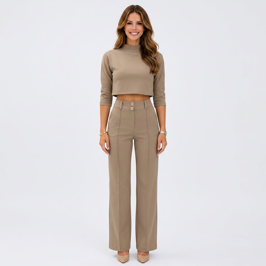 Mock Neck Crop Top And Trousers Set Women