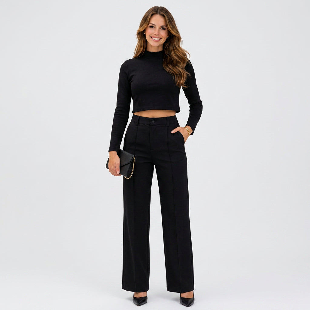 Mock Neck Crop Top And Trousers Set Women
