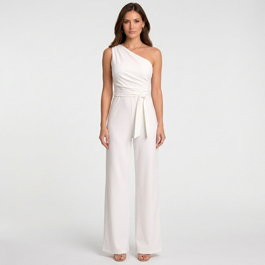 Women’s One Shoulder Jumpsuit Belted Waist – Wide Leg Formal Jumpsuit