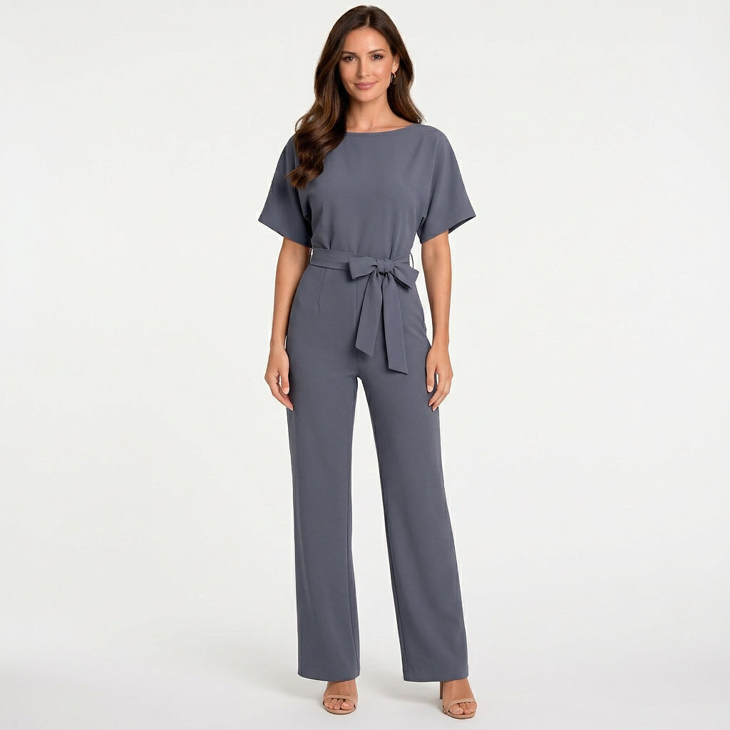 Women’s Wide Leg Jumpsuit Belted Waist – Short Sleeve One Piece
