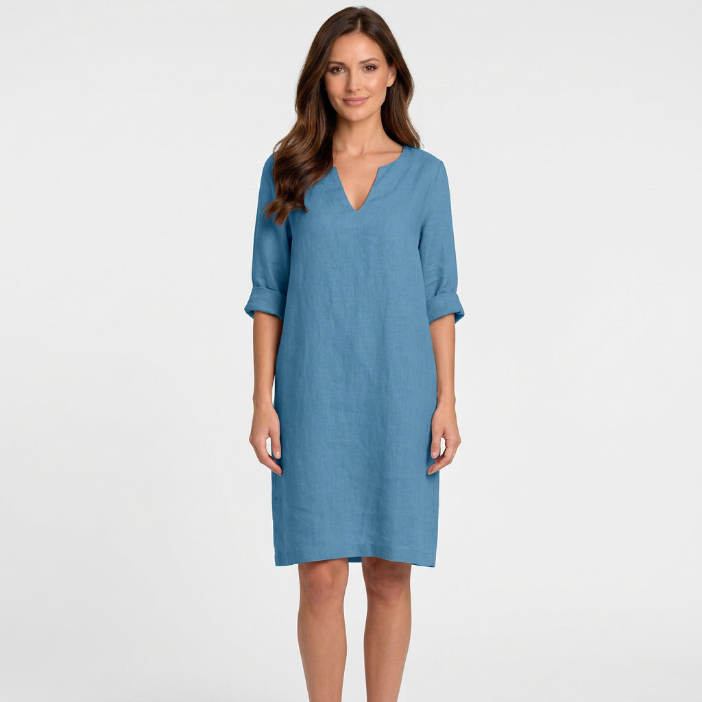 Women V Neck Linen Mini Dress Three Quarter Sleeve - Casual Linen Dress