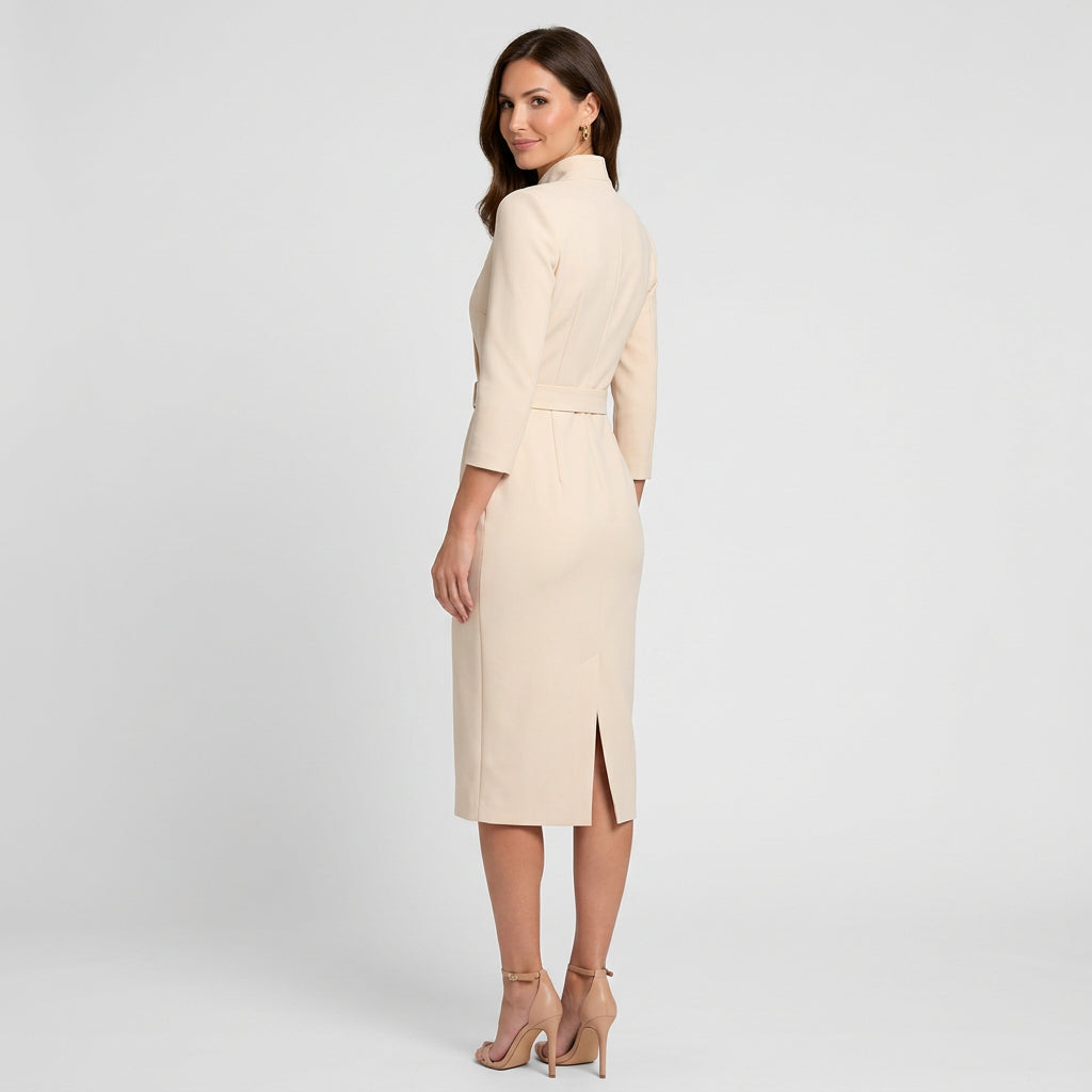 Women’s Belted Midi Dress Three Quarter Sleeve – Tailored Workwear Dress