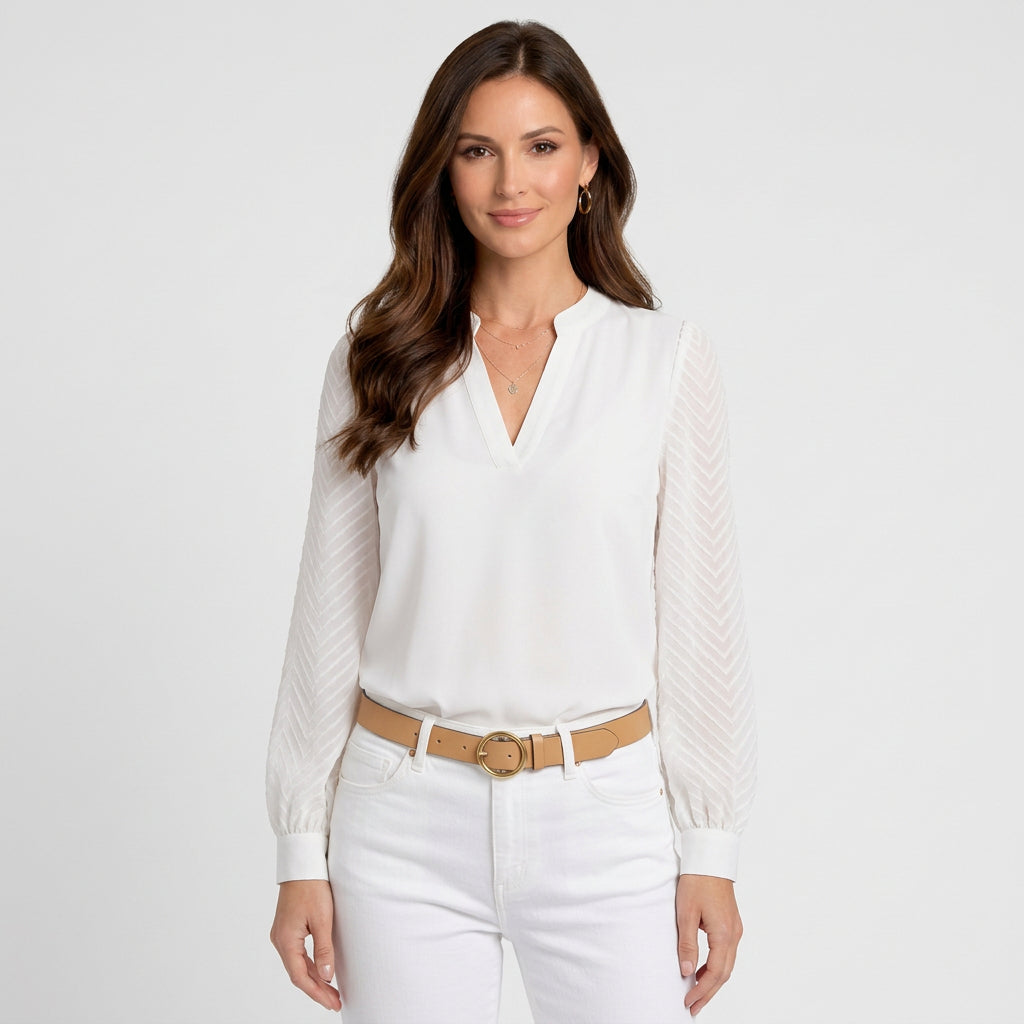 Women’s V Neck Blouse Textured Sleeve – Long Sleeve Casual Top