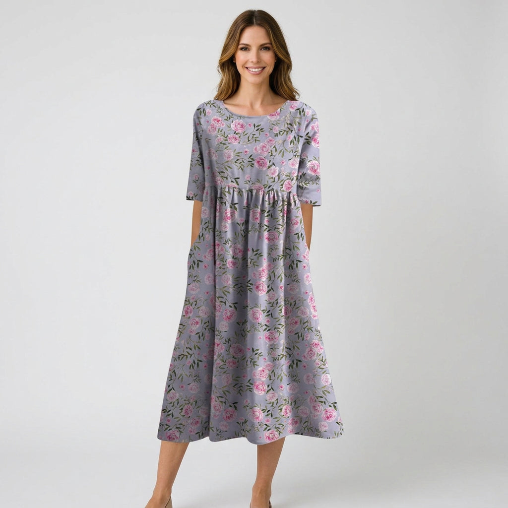 Women’s Floral Midi Dress Three Quarter Sleeve – Casual Printed Dress
