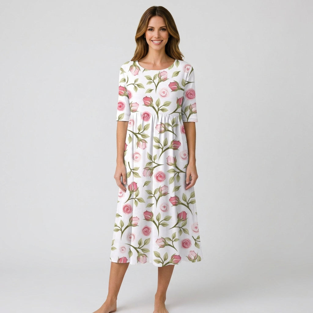 Women’s Floral Midi Dress Three Quarter Sleeve – Casual Printed Dress
