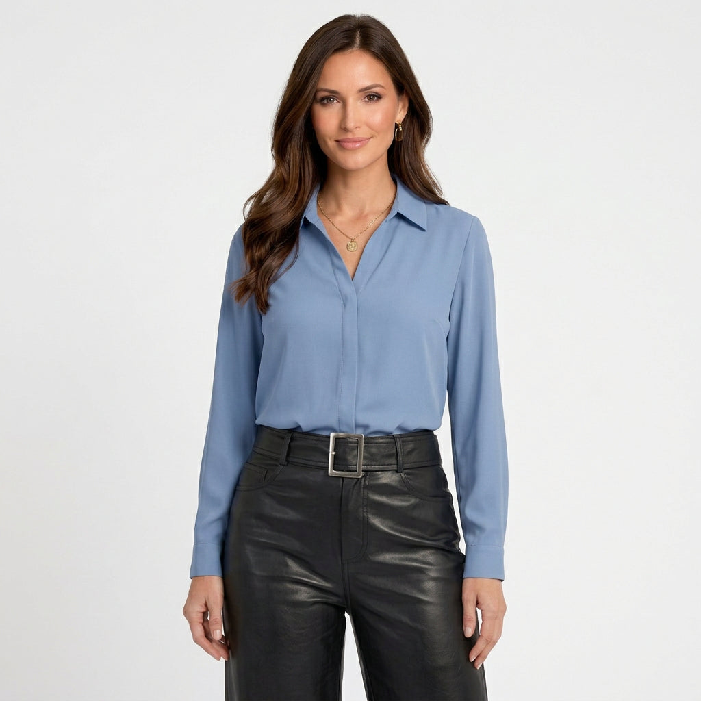 Women’s Satin Blouse Collared Button Front – Long Sleeve Workwear Top