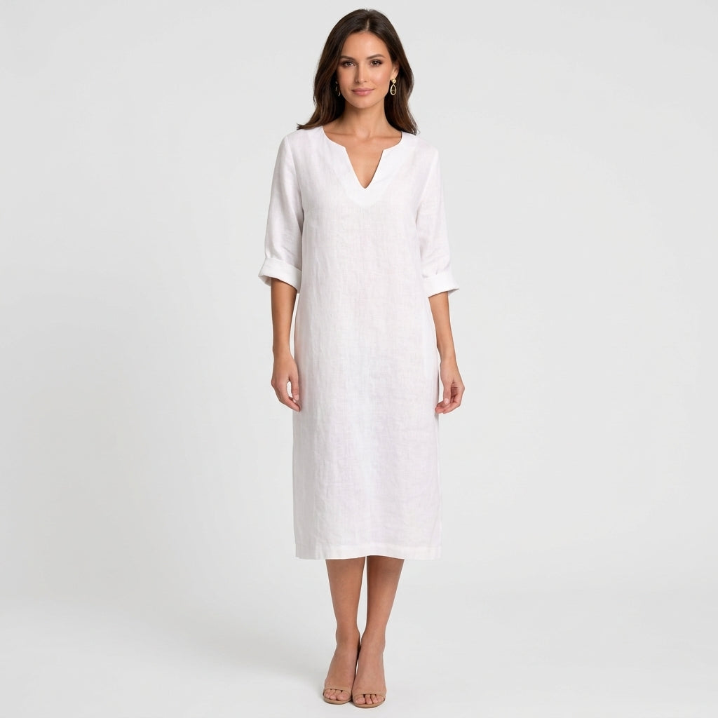 Women V Neck Linen Mini Dress Three Quarter Sleeve - Casual Linen Dress