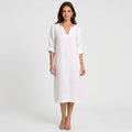 Women V Neck Linen Mini Dress Three Quarter Sleeve - Casual Linen Dress