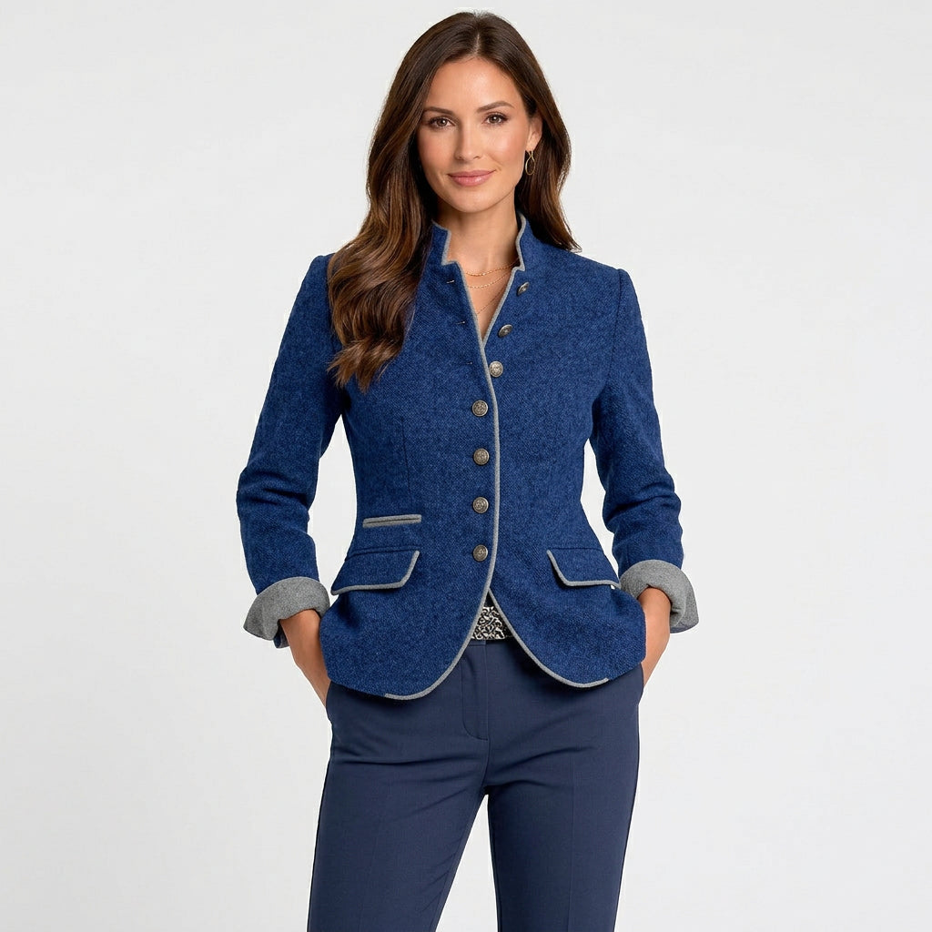 Women’s Stand Collar Wool Blend Jacket – Button Front Tailored Jacket