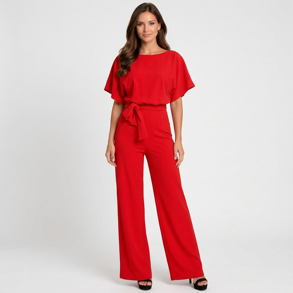 Women’s Wide Leg Jumpsuit Belted Waist – Short Sleeve Occasion One Piece