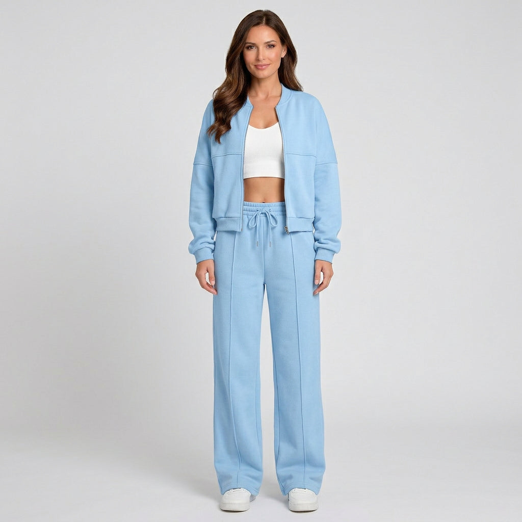 Women Two Piece Zip Jacket Set Wide Leg Pants Casual Everyday