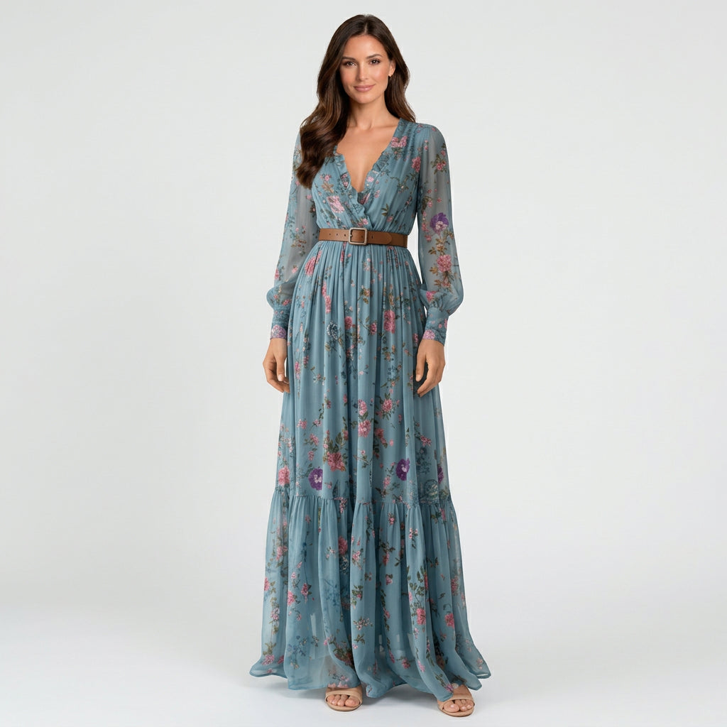 Women’s Embroidered Maxi Dress Long Sleeve – Belted Tiered Occasion Dress