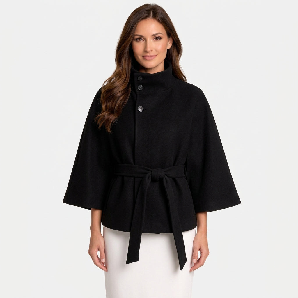Women’s Belted Cape Jacket – High Neck Cape Coat
