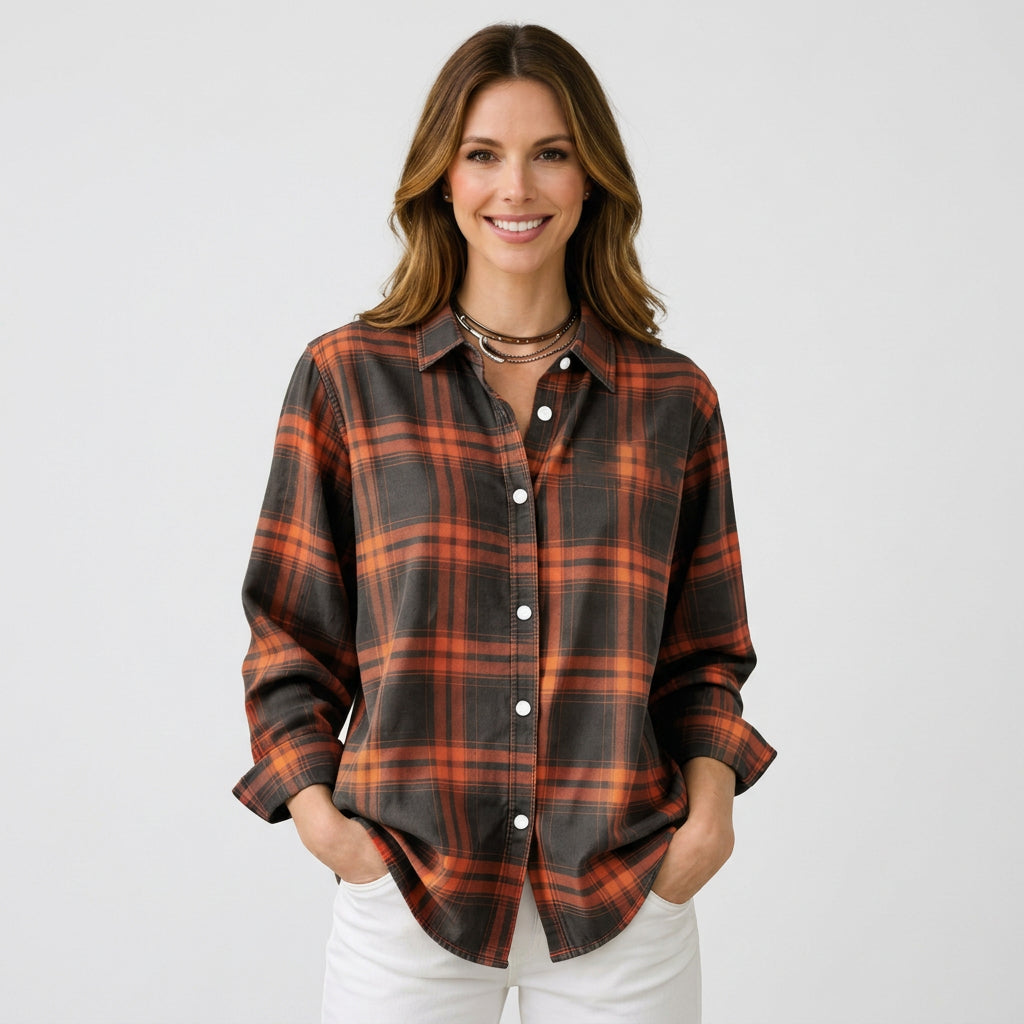 Women’s Plaid Button Front Shirt – Long Sleeve Casual Overshirt