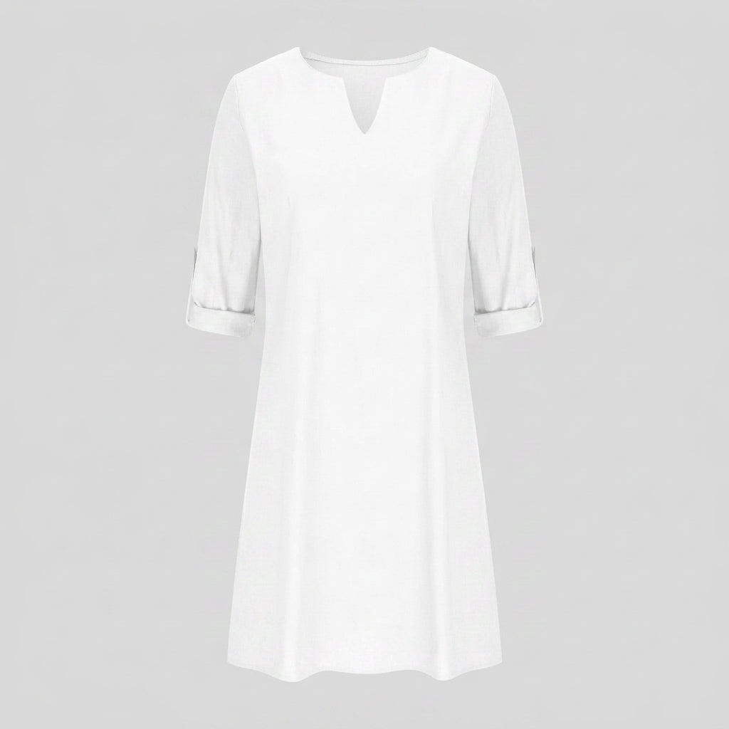 Women V Neck Linen Mini Dress Three Quarter Sleeve - Casual Linen Dress