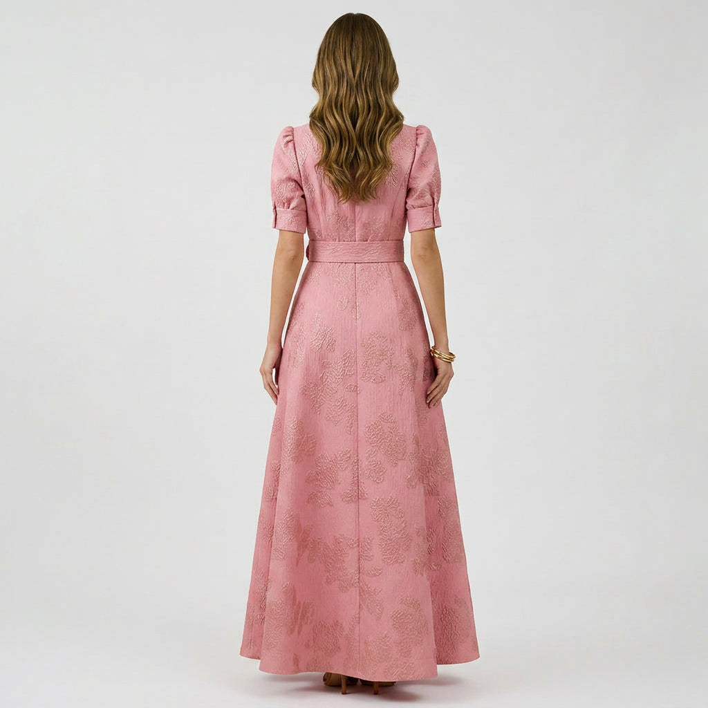 Women’s Maxi Shirt Dress Belted Waist – Puff Sleeve Occasion Dress