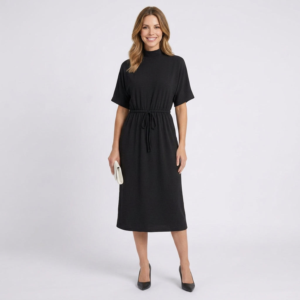 Women’s Midi Dress Mock Neck – Drawstring Waist Casual Dress