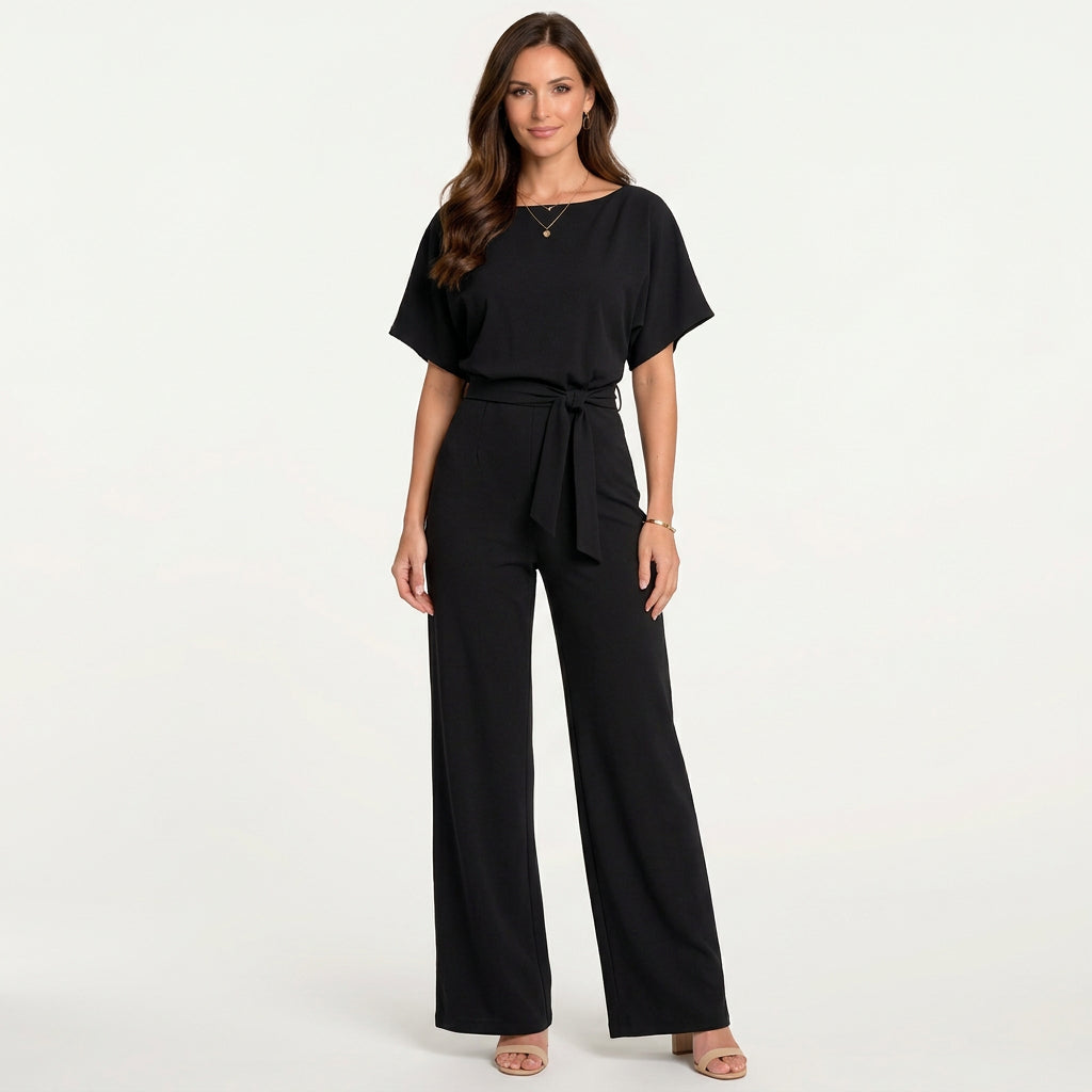 Women’s Wide Leg Jumpsuit Belted Waist – Short Sleeve Occasion One Piece