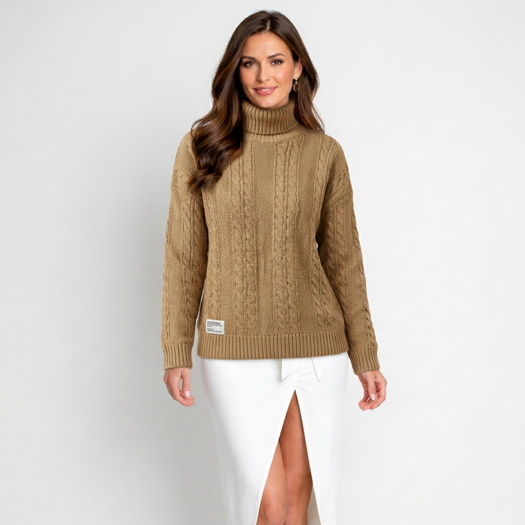 Women’s Cable Knit Turtleneck Sweater – Long Sleeve Ribbed Hem Pullover