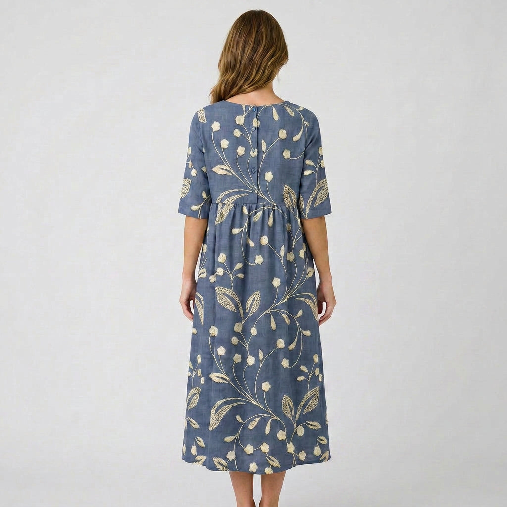 Women’s Floral Midi Dress Three Quarter Sleeve – Casual Printed Dress