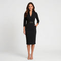 Women’s Long Sleeve Midi Dress with Belt – Tailored Wrap Neck Work Dress
