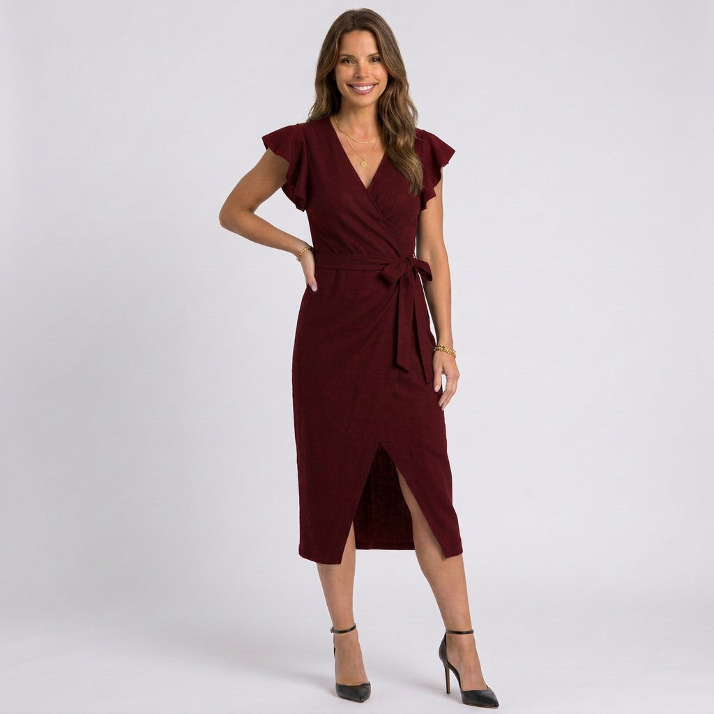 Women’s Wrap Midi Dress Flutter Sleeve – Draped Occasion Dress