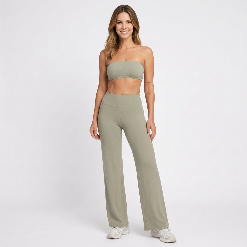 Women’s Two Piece Lounge Set Strapless Top – Wide Leg Matching Outfit