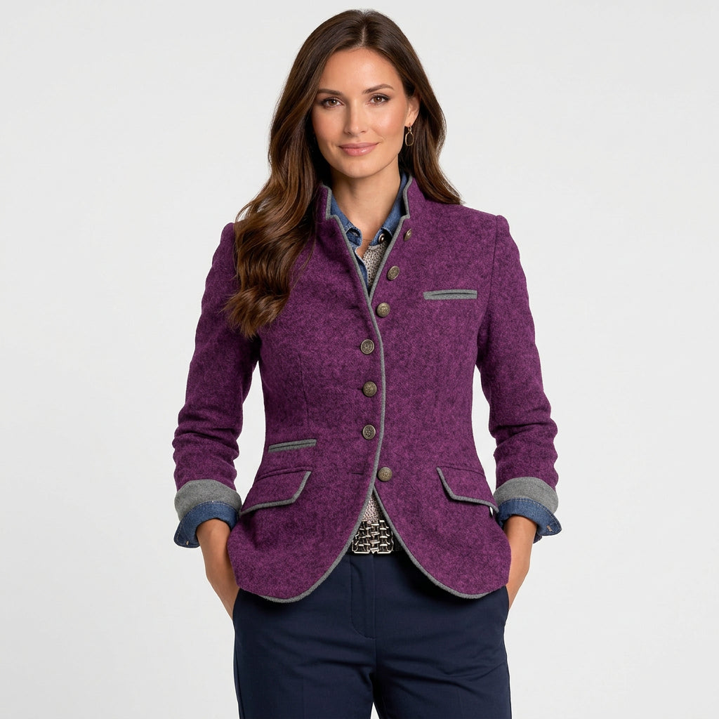 Women’s Stand Collar Wool Blend Jacket – Button Front Tailored Jacket