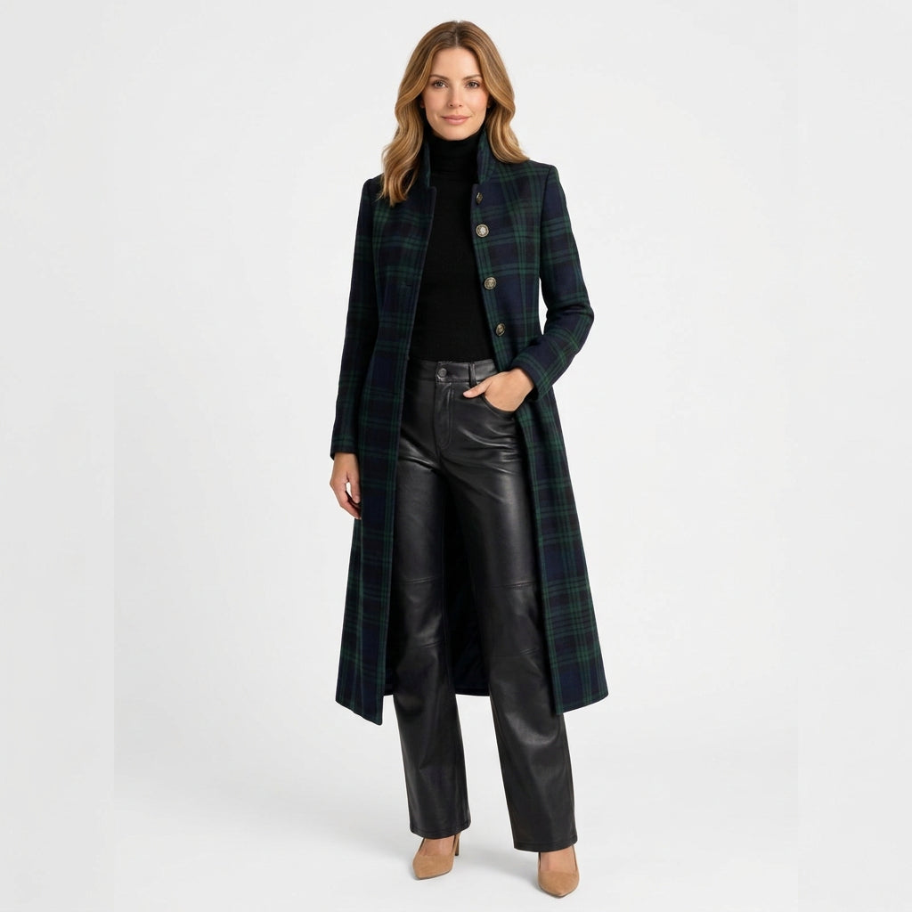 Women’s Plaid Long Coat Button Front – Tailored Winter Outerwear