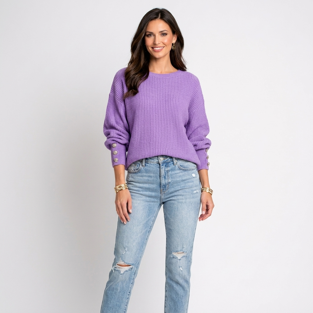 Women’s Oversized Ribbed Knit Sweater – Long Sleeve Button Cuff Pullover