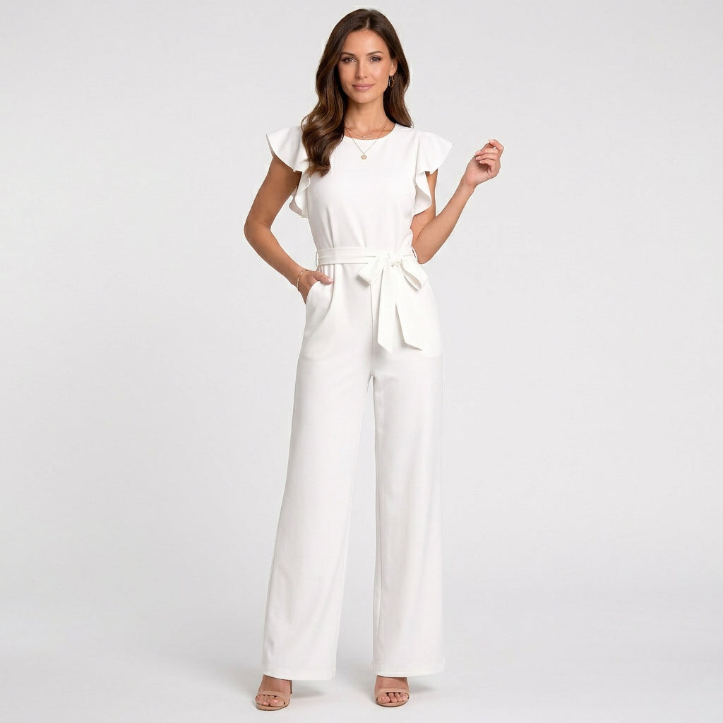 Women’s Wide Leg Jumpsuit Belted Waist – Flutter Sleeve Occasion One Piece