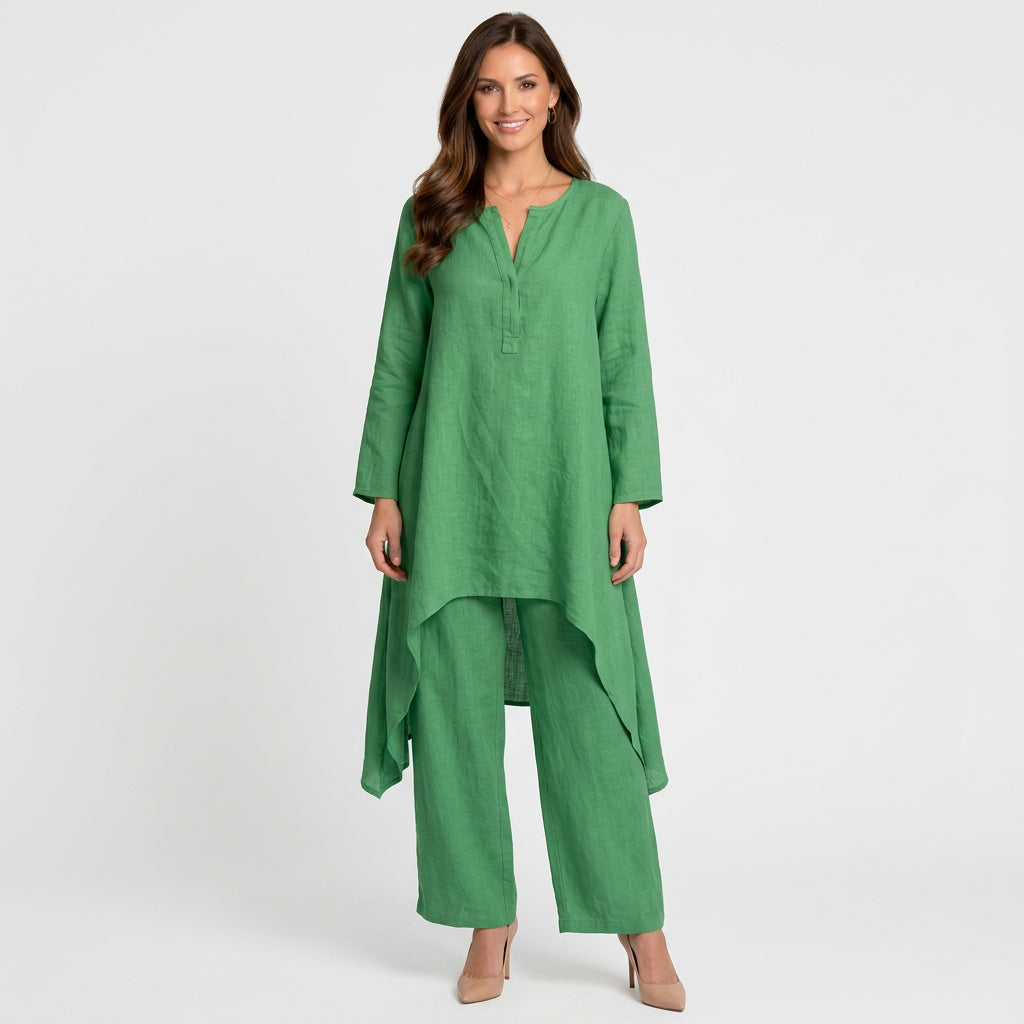 Women Two Piece Linen Set Long Tunic Top and Relaxed Pants Casual Everyday