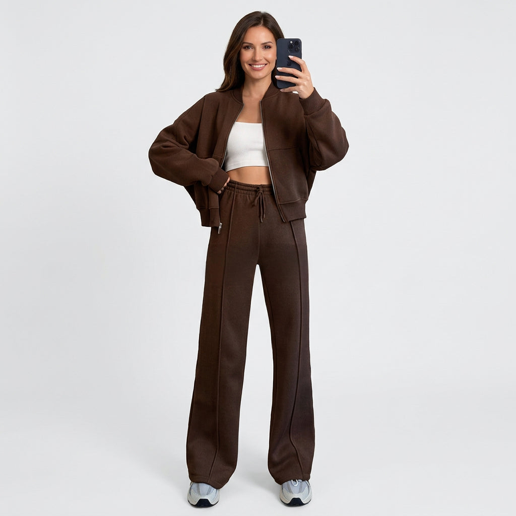 Women Two Piece Zip Jacket Set Wide Leg Pants Casual Everyday