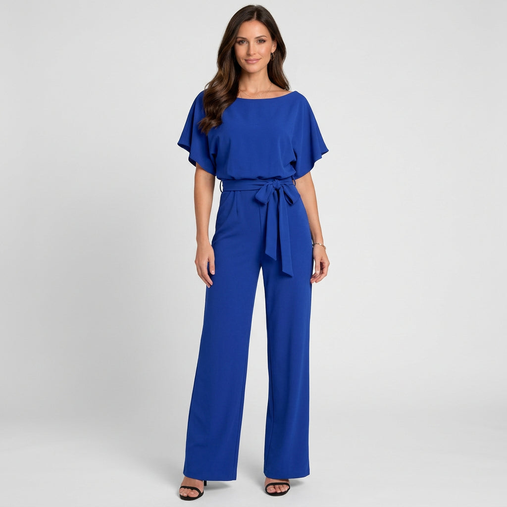 Women’s Wide Leg Jumpsuit Belted Waist – Short Sleeve Occasion One Piece
