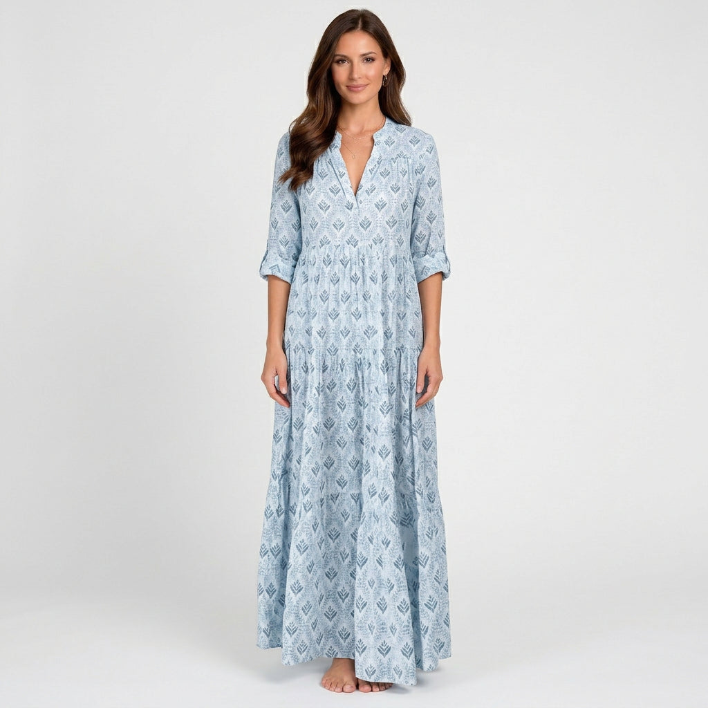 Women Printed Maxi Dress Three Quarter Sleeve - Casual Maxi Dress