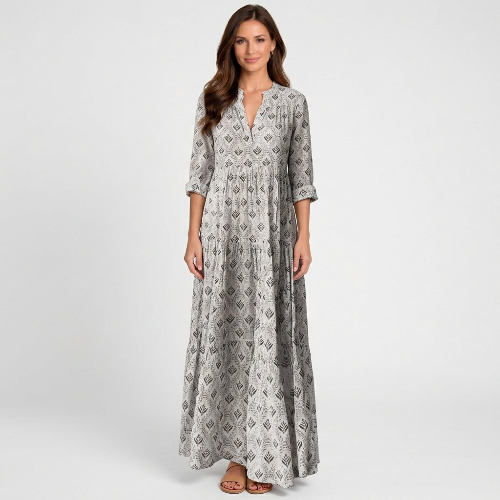 Women Printed Maxi Dress Three Quarter Sleeve - Casual Maxi Dress