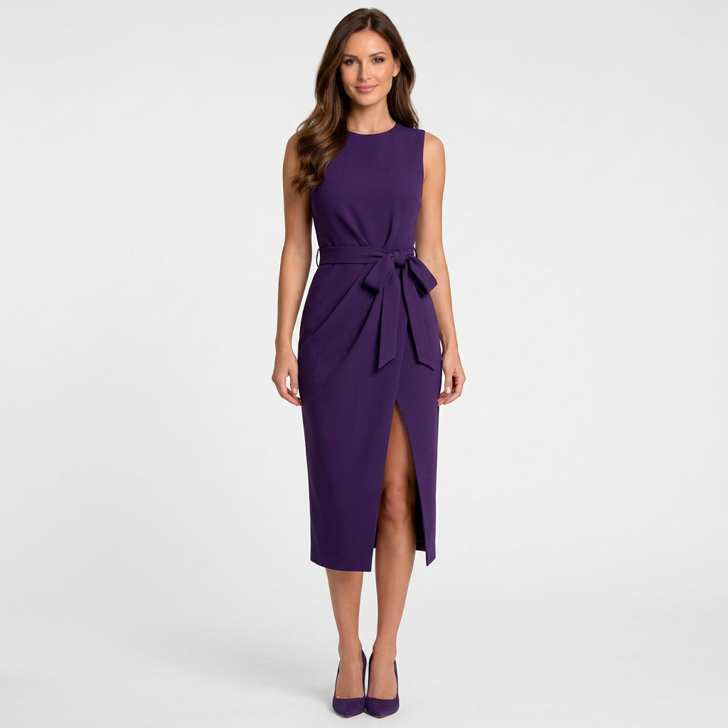 Women’s Sleeveless Midi Dress Defined Waist – Draped Workwear Dress